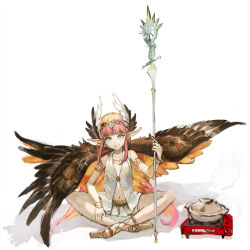 Rule 34 | 1girl, bare legs, black feathers, black wings, blonde hair, bracelet, circe (fate), cooking pot, fate/grand order, fate (series), feather hair ornament, feathered wings, feathers, flat chest, grey skirt, grin, hair ornament, holding, holding staff, jewelry, looking at viewer, multicolored hair, navel, orange wings, pink hair, platform footwear, pointy ears, sandals, shirt, sidelocks, sitting, sketch, skirt, smile, solo, staff, tomatika, two-tone hair, two-tone wings, white background, white feathers, white shirt, wings