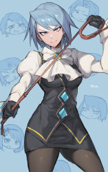 Rule 34 | 1girl, absurdres, ace attorney, ascot, blue eyes, blue hair, chibi, chibi inset, earrings, franziska von karma, highres, holding, holding whip, jewelry, juliet sleeves, light blue hair, long sleeves, looking at viewer, miles edgeworth, miniskirt, mole, mole under eye, pantyhose, puffy sleeves, ribbon, short hair, skirt, smile, solo, suurin (ksyaro), vest, whip