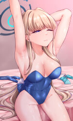 Rule 34 | 1girl, ;|, absurdres, armpits, arms up, blonde hair, blue archive, blue leotard, breasts, cleavage, detached collar removed, groin, halo, highleg, highleg leotard, highres, large breasts, leotard, long hair, playboy bunny, sitting, solo, strapless, strapless leotard, stretching, toki (blue archive), toki (bunny) (blue archive), very long hair, zellam