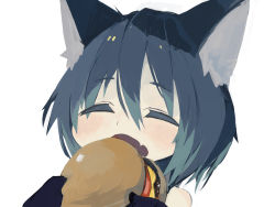 Rule 34 | 1girl, animal ear fluff, animal ears, bare shoulders, black gloves, blue hair, blush, burger, closed eyes, commentary request, facing viewer, fang, food, gloves, hair between eyes, holding, holding food, open mouth, original, pappii (paprika shikiso), paprika shikiso, portrait, simple background, solo, white background