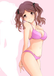 Rule 34 | 1girl, amagami, arm behind back, blush, bra, breasts, brown hair, cleavage, face, kishida-shiki, lingerie, nakata sae, navel, panties, parted lips, pink bra, pink panties, smile, solo, teeth, thighs, twintails, underwear, underwear only