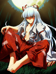 Rule 34 | 1girl, bamboo, bamboo forest, barefoot, bow, bowalia, dress shirt, feet, female focus, forest, fujiwara no mokou, full moon, hair bow, long hair, moon, nature, no bra, open clothes, open shirt, pants, red eyes, ribbon, shirt, silver hair, sitting, smile, solo, suspenders, toes, touhou, very long hair