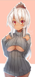 Rule 34 | 1girl, 2014, :/, blush, breasts, clothing cutout, cowboy shot, dark-skinned female, dark skin, dated, dress, frown, hands on own chest, high ponytail, large breasts, long hair, looking at viewer, meme attire, naked sweater, no bra, open-chest sweater, orange eyes, original, outline, pink background, ponytail, ribbed sweater, scrunchie, sidelocks, signature, simple background, sketch, sleeves past wrists, solo, sweater, sweater dress, taut clothes, tilt-shift (azalanz), turtleneck, underboob, underboob cutout, wardrobe error, white hair