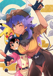 Rule 34 | 1boy, 1girl, alternate costume, arm up, ash ketchum, belt, black gloves, black hair, blush, breasts, bright pupils, brown eyes, chaps, character print, cleavage, closed mouth, commentary request, cosplay, creatures (company), dark-skinned female, dark skin, dododo dadada, fake horns, fingerless gloves, fur collar, game freak, gen 1 pokemon, gen 2 pokemon, genderswap, genderswap (mtf), gloves, grin, hood, hood up, horns, leon (pokemon), long hair, miltank, miltank (cosplay), nintendo, on head, one eye closed, pikachu, pokemon, pokemon (anime), pokemon (creature), pokemon journeys, pokemon on head, purple hair, shirt, short shorts, shorts, sleeves rolled up, smile, tauros, tauros (cosplay), teeth, textless version, tied shirt, white pupils, yellow eyes