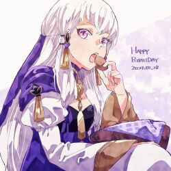 Rule 34 | 1girl, dated, dress, eating, english text, fingernails, fire emblem, fire emblem: three houses, food, gold trim, hair ornament, happy birthday, holding, holding food, juliet sleeves, kaoh630, long hair, long sleeves, looking at viewer, lysithea von ordelia, nintendo, open mouth, pink eyes, puffy sleeves, purple dress, solo, teeth, upper teeth only, veil, white hair, white sleeves, wide sleeves