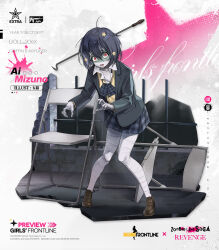 Rule 34 | 1girl, bandages, black hair, black jacket, bow, bowtie, brown footwear, cardigan, chair, character name, collarbone, colored skin, commentary, copyright name, english commentary, english text, fire poker, full body, girls&#039; frontline, green skin, hair between eyes, hair ornament, highres, jacket, kisetsu, looking at viewer, messy hair, mizuno ai, object through head, open mouth, plaid, plaid bow, plaid bowtie, plaid skirt, promotional art, red eyes, shirt, short hair, skirt, solo, surprised, white shirt, zombie, zombie land saga