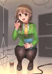 Rule 34 | 1girl, absurdres, black footwear, black pantyhose, black skirt, blazer, commentary, cup, dress shirt, green jacket, hair ornament, hair over shoulder, hair scrunchie, highres, holding, holding paper, holding walkie-talkie, idolmaster, idolmaster cinderella girls, indoors, jacket, kamille (vcx68), long hair, long sleeves, looking at viewer, miniskirt, name tag, necktie, notepad, office lady, open mouth, pantyhose, paper, pencil skirt, radio, red scrunchie, scrunchie, senkawa chihiro, shirt, shoes, skirt, smile, solo, squatting, walkie-talkie, white shirt, wing collar