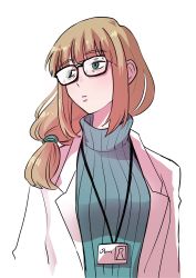 Rule 34 | 1girl, aged down, black-framed eyewear, blonde hair, commentary request, creatures (company), game freak, glasses, green eyes, green sweater, hair tie, highres, lab coat, lanyard, long hair, looking to the side, nintendo, oleana (pokemon), osg pk, parted lips, pokemon, pokemon: twilight wings, pokemon swsh, ribbed sweater, sidelocks, simple background, solo, sweater, turtleneck, turtleneck sweater, upper body, white background