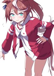 Rule 34 | 1girl, absurdres, alternate costume, animal ears, blue eyes, blush, breasts, brown hair, collarbone, commentary request, gym shirt, gym uniform, hair between eyes, hair ornament, highres, horse ears, horse girl, horse tail, itosu200, jacket, long hair, long sleeves, looking at viewer, multicolored hair, open clothes, open jacket, ponytail, red jacket, red shorts, shirt, shorts, simple background, small breasts, solo, sportswear, streaked hair, tail, tokai teio (umamusume), tracen training uniform, track jacket, umamusume, wardrobe malfunction, white background, white hair, white shirt