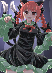 Rule 34 | 1girl, animal ears, black bow, black dress, black tail, bow, braid, cat ears, cat tail, chups, cowboy shot, dress, extra ears, fangs, frilled dress, frilled sleeves, frills, hair bow, highres, kaenbyou rin, long sleeves, looking at viewer, multiple tails, nail polish, open mouth, red bow, red eyes, red hair, red nails, red neckwear, shade, side braids, smile, solo, standing, tail, touhou, twin braids, two tails, wide sleeves