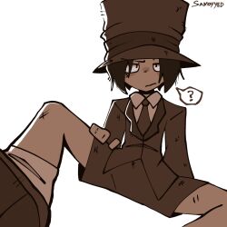 Rule 34 | 1boy, ?, brown attire, brown coat, brown hair, brown hat, chimbley (law of talos), coat, dark skin, dirty, dirty clothes, hand on own thigh, hat, highres, law of talos, looking at viewer, male focus, messy, non-web source, perspective, simple background, spread legs, unamused