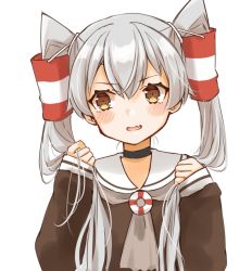 Rule 34 | 1girl, alternate hairstyle, amatsukaze (kancolle), brown dress, brown eyes, brown neckerchief, cocoperino, dress, fang, hair tubes, kantai collection, long hair, neckerchief, sailor collar, sailor dress, sideways glance, silver hair, simple background, skin fang, sleeves past wrists, solo, upper body, white background, white sailor collar