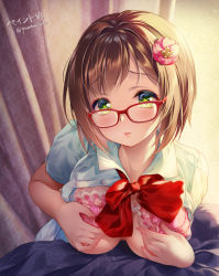 Rule 34 | 1girl, bad id, bad pixiv id, blush, bow, bowtie, bra, bra lift, breasts, breasts out, brown hair, buttons, covering privates, covering breasts, glasses, green eyes, heart, heart-shaped pupils, idolmaster, idolmaster cinderella girls, large breasts, lips, looking at viewer, maekawa miku, open clothes, open shirt, paint musume, pink bra, red-framed eyewear, red bow, red bowtie, short hair, short sleeves, smile, solo, symbol-shaped pupils, underwear