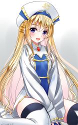 Rule 34 | 1girl, :d, blonde hair, blue eyes, blush, boots, dress, goblin slayer!, gradient background, hair between eyes, highres, long hair, long sleeves, open mouth, priestess (goblin slayer!), short dress, sitting, sleeves past wrists, smile, solo, thigh boots, very long hair, wariza, white background, white dress, white footwear, white headwear, yamaguchi yuu