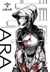 1girl absurdres al_chemist android ara_(signalis) armor blood character_name commentary cowboy_shot facing_to_the_side greyscale hard_hat helmet highres monochrome profile short_hair signalis solo spot_color