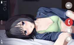 Rule 34 | 1girl, bed sheet, black hair, blue shirt, blush, bra, breasts, cleavage, green bra, highres, indoors, kiona (giraffe kiona), looking at viewer, lying, on bed, on side, open clothes, open shirt, original, fake phone screenshot, shirt, small breasts, smile, underwear, upper body, video call
