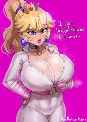 Rule 34 | 1girl, absurdres, aestheticc-meme, alternate breast size, biker clothes, blonde hair, blue eyes, blush, bodysuit, bowser logo, breasts, choker, cleavage, crown, earrings, gloves, highres, huge breasts, jewelry, long hair, mario (series), nintendo, official alternate costume, official alternate hairstyle, ponytail, princess peach, skin tight, skindentation, solo, sphere earrings, sweat, the super mario bros. movie, thick thighs, thighs, tight clothes, undersized clothes, zipper