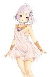 Rule 34 | 1girl, antenna hair, bare shoulders, blush, breasts, bridal gauntlets, closed mouth, commentary request, dress, flower, gem, hair between eyes, hair flower, hair ornament, head tilt, highres, kokkoro (princess connect!), looking at viewer, maza kisuke, no bra, no panties, pink flower, pointy ears, princess connect!, red eyes, see-through, short hair, silver hair, simple background, sleeveless, sleeveless dress, small breasts, smile, solo, split mouth, white background, white dress