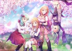 Rule 34 | 1boy, 3girls, akizora mina, akizora mona, bare shoulders, blue eyes, blush, boots, breasts, brother and sister, cat, cherry blossoms, dress, green hair, hairline, hanging, highres, large breasts, leotard, long hair, low ponytail, makeup, mary janes, multiple girls, nail polish, natsusora aona, natsusora wakana, ninja, novady, one eye closed, open mouth, orange eyes, orange hair, original, ponytail, red eyes, scarf, shiny skin, shoes, siblings, sisters, skirt, smile, stuffed animal, stuffed toy, thighhighs, tongue, tongue out, trap, twins, upside-down, wink