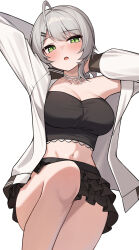 1girl absurdres ahoge arm_behind_head armpits arms_up bare_shoulders black_shirt black_skirt breasts choker crop_top green_eyes grey_hair hair_ornament hairclip highres jacket knee_up large_breasts layered_skirt long_hair long_sleeves looking_at_viewer midriff miniskirt navel off_shoulder open_clothes open_jacket open_mouth shirt simple_background skirt solo stomach strapless thighs tube_top viichan virtual_youtuber waktaverse white_background white_choker ziro_(zirorong)