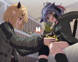 Rule 34 | 2girls, animal ears, arknights, arrow (symbol), black choker, black shirt, black socks, blonde hair, blue hair, blush, breasts, cage, cat ears, cat girl, cat tail, choker, creature, dragon horns, green eyes, grey jacket, hair ornament, hairclip, holding, horns, indoors, infection monitor (arknights), jacket, jessica (arknights), knee pads, kneehighs, long sleeves, looking down, medium breasts, multicolored hair, multiple girls, on bed, open clothes, open jacket, originium slug (arknights), pointy ears, ponytail, red eyes, red hair, shironekoban, shirt, short hair, signature, sitting, socks, tail, tail raised, tearing up, tears, turn pale, two-tone gloves, two-tone hair, vanilla (arknights)