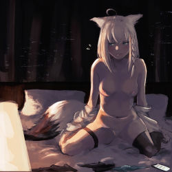 Rule 34 | 1girl, ahoge, animal ears, aqua eyes, bedroom, blush, braid, breasts, cellphone, unworn clothes, completely nude, female pubic hair, fox ears, fox girl, fox tail, hair between eyes, highres, hololive, kneeling, looking to the side, medium breasts, nipples, nude, on bed, phone, pillow, pubic hair, pussy, shirakami fubuki, smartphone, smile, solo, tail, thighhighs, virtual youtuber, white pubic hair