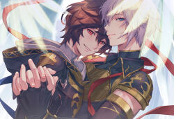 Rule 34 | 2boys, ahoge, armor, bishounen, blue background, blue eyes, breastplate, brown hair, commentary, commentary request, cowboy shot, elbow gloves, feathers, gloves, granblue fantasy, hair between eyes, highres, holding hands, hood, hood down, light blush, light smile, looking at viewer, lucifer (shingeki no bahamut), male focus, messy hair, multiple boys, red eyes, red ribbon, ribbon, sandalphon (granblue fantasy), short hair, short sleeves, smile, tekki (tki), turtleneck, upper body, white hair, yaoi