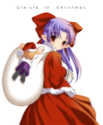 Rule 34 | 00s, 2girls, bow, carrying over shoulder, christmas, fur trim, hair bow, half updo, hat, len (tsukihime), long hair, looking back, multiple girls, neco-arc, over shoulder, pointy ears, purple hair, red bow, red eyes, red skirt, sack, santa costume, santa hat, simple background, skirt, tsukihime, white background