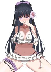 Rule 34 | 1girl, arm at side, assault lily, bare arms, bare shoulders, bikini, bikini skirt, black hair, blush, bow, breasts, bridal garter, cleavage, collarbone, commentary, covering own mouth, cowboy shot, flower, frilled bikini, frills, hair bow, hair flower, hair ornament, halterneck, hand up, hibiscus, high ponytail, highres, jewelry, large breasts, long hair, looking at viewer, multi-strapped bikini bottom, navel, necklace, nose blush, official alternate costume, official alternate hairstyle, pendant, ponytail, purple bow, purple eyes, shirai yuyu, sidelocks, simple background, sitting, solo, spread legs, stomach, striped, striped bow, sweat, swimsuit, thigh strap, ueda (ueeeeeeeee1006), underboob, very long hair, white background, white bikini