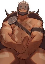 Rule 34 | 1boy, abs, arm hair, armor, bara, bare pectorals, beard, cape, censored, character request, chest hair, chest harness, copyright request, cropped legs, erection, facial hair, fake horns, full-body tattoo, fur cape, hand on penis, harness, helmet, highres, horned helmet, horns, large pectorals, leather, looking at viewer, male focus, male pubic hair, mature male, mosaic censoring, muscular, muscular male, navel, navel hair, nipples, nude, pectorals, penis, penis grab, pubic hair, ryker, sitting, solo, spread legs, stomach, tattoo, thick thighs, thighs