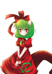 Rule 34 | 1girl, animal ears, cat ears, cat girl, catbell, female focus, front ponytail, kagiyama hina, kemonomimi mode, simple background, solo, standing, touhou, white background