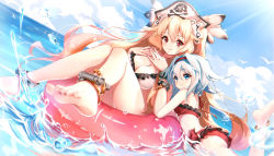 Rule 34 | 2girls, anne bonny (fate), bikini, blonde hair, blue eyes, blue hair, blue sky, blush, breasts, cleavage, closed mouth, clouble, cloud, cloudy sky, day, dutch angle, fate/grand order, fate (series), fingers together, hair flaps, highres, innertube, legs, light rays, long hair, mary read (fate), multiple girls, outdoors, own hands together, red bikini, red eyes, sidelocks, sky, smile, soles, sunbeam, sunlight, swim ring, swimsuit, thighs, toes, two side up, very long hair, water drop, wavy hair, white bikini, white hair