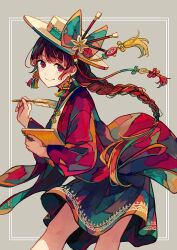 Rule 34 | 1girl, akagi shun, boater hat, bow, braid, brown hair, closed mouth, dress, earrings, french braid, grey background, hat, holding, holding notebook, jewelry, long braid, long hair, long sleeves, looking at viewer, multicolored clothes, multicolored dress, notebook, original, quill, red eyes, red hair, simple background, skirt, smile, solo, standing, tassel