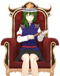 Rule 34 | 1girl, ^ ^, arm garter, black skirt, blue vest, buttons, cowboy shot, epaulettes, closed eyes, facing viewer, frilled hat, frilled sleeves, frills, green hair, hat, highres, juliet sleeves, legs together, long sleeves, ozu (agito100001), puffy sleeves, rod of remorse, sash, shiki eiki, simple background, sitting, skirt, smile, solo, throne, touhou, turtleneck, vest, white background, yin yang