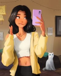 Rule 34 | 1girl, black hair, cat, collarbone, hands up, highres, holding, holding phone, indoors, jewelry, lips, long hair, long sleeves, looking at phone, midriff, navel, necklace, phone, photo-referenced, real life, sam yang, teeth