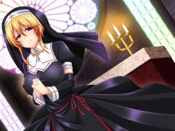 Rule 34 | 1girl, blonde hair, breasts, candle, candlelight, candlestand, church, cross, fire, fire, habit, highres, indoors, large breasts, militia minpei, nun, original, own hands together, puffy short sleeves, puffy sleeves, red eyes, short hair, short hair with long locks, short sleeves, sidelocks, smile, solo, stained glass, window