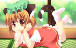 Rule 34 | 1girl, animal ears, arm support, blush, bow, brown eyes, brown hair, cat ears, cat tail, chen, ear piercing, earrings, hat, jewelry, legs up, looking at viewer, lying, mob cap, multiple tails, nekomata, no shoes, on stomach, piercing, pila-pela, puffy short sleeves, puffy sleeves, shirt, short sleeves, single earring, skirt, skirt set, smile, solo, tail, tatami, touhou, vest