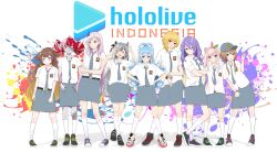Rule 34 | 6+girls, absurdres, airani iofifteen, anya melfissa, aqua eyes, ayunda risu, black footwear, blonde hair, blue eyes, blue hair, blue hat, blue skirt, brown hair, closed mouth, collared shirt, colored inner hair, colored skin, colored tips, commentary, cone hair bun, copyright name, crossed arms, double bun, english commentary, facing viewer, full body, gradient hair, grey hair, grey skin, hair bun, hairband, hands on own hips, hat, highres, hololive, hololive indonesia, indonesian high school uniform, jitome, kaela kovalskia, kneehighs, kobo kanaeru, kureiji ollie, long hair, looking at viewer, moona hoshinova, multicolored hair, multiple girls, pavolia reine, pink hair, purple eyes, purple hair, red eyes, red hair, reihan (hanreh), school uniform, shirt, shoes, short hair, short sleeves, side ponytail, sidelocks, skirt, socks, standing, twintails, two-tone hairband, two side up, v, very long hair, vestia zeta, virtual youtuber, wavy hair, white footwear, white hair, white shirt, white socks