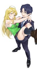 Rule 34 | 1boy, 1girl, ahoge, black hair, blonde hair, blush, breasts, carrying, carrying person, cleavage, covered erect nipples, denim, denim shorts, formal, glasses, green shirt, highres, hoshii miki, idolmaster, idolmaster (classic), idolmaster million live!, idolmaster million live! theater days, jewelry, large breasts, long hair, necklace, necktie, open mouth, princess carry, producer (idolmaster), producer (idolmaster anime), saya endo (27), shirt, short hair, shorts, sideboob, smile, suit