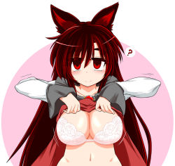Rule 34 | 1girl, ?, animal ears, blush, bra, breasts, brooch, brown hair, collarbone, dress, hayashitsu, imaizumi kagerou, jewelry, large breasts, long hair, long sleeves, looking at viewer, navel, red eyes, solo, speech bubble, touhou, underwear, upper body, white bra, wolf ears