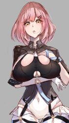 1girl alternate_eye_color arm_under_breasts black_leotard bob_cut breasts cleavage gloves grey_background highres honkai_(series) honkai_impact_3rd kapler8188 large_breasts leotard looking_at_viewer open_mouth pink_hair simple_background single_glove solo timido_cute white_gloves yellow_eyes