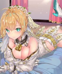 Rule 34 | 10s, 1girl, ahoge, aimee (emi), aimee (origin), ass, bad id, bad pixiv id, bare shoulders, bed sheet, belt, boots, breasts, bridal veil, butt crack, chain, cleavage, closed mouth, curtains, detached collar, fate/extra, fate/extra ccc, fate (series), flower wreath, gloves, gold trim, green eyes, high heel boots, high heels, highres, indoors, large breasts, legs up, lock, long sleeves, looking at viewer, nero claudius (bride) (fate), nero claudius (fate), nero claudius (fate) (all), no panties, padlock, shiny skin, smile, solo, unzipped, veil, white footwear, white gloves, wooden floor