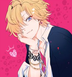 Rule 34 | 10s, 1boy, amo (yellowpink a), animal print, blonde hair, blue eyes, bracelet, closed mouth, collared shirt, diabolik lovers, earrings, head rest, heart, jacket, jewelry, leopard print, looking at viewer, male focus, mukami kou, pink background, school uniform, shirt, simple background, single earring, sleeves rolled up, smile, solo, uniform, upper body