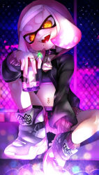 Rule 34 | 1girl, absurdres, black collar, black jacket, calvin klein, can, chain-link fence, collar, commentary request, crop top, drink can, energy drink, fence, full body, highres, holding, holding can, hood, hooded jacket, inkling, jacket, jewelry, midriff, mole, mole under mouth, mugyiiiii ika, multiple rings, navel piercing, night, night sky, nintendo, open clothes, open jacket, open mouth, pearl (splatoon), piercing, pink hood, pink socks, ring, shoes, sitting, sky, sleeves past wrists, socks, soda can, solo, splatoon (series), splatoon 3, star-shaped pupils, star (sky), star (symbol), symbol-shaped pupils, teeth, underwear, yellow eyes