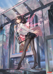 Rule 34 | 1girl, atdan, bag, black hair, black pantyhose, black skirt, breasts, city, commentary, full body, hair ornament, hand up, highres, lily (atdan), long legs, long sleeves, miniskirt, necktie, no shoes, original, outdoors, pantyhose, pink necktie, puddle, rain, red eyes, revision, shirt, short hair, shoulder bag, skirt, solo, standing, white shirt, wings