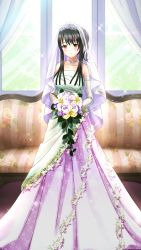 Rule 34 | 1girl, black hair, blush, bouquet, breasts, bridal veil, brown eyes, character request, closed mouth, collarbone, couch, diadem, doukyuusei another world, dress, elbow gloves, flower, game cg, gloves, hair between eyes, holding, holding bouquet, indoors, large breasts, lily (flower), long dress, official art, short hair with long locks, sidelocks, sleeveless, sleeveless dress, smile, solo, sparkle, standing, strapless, strapless dress, veil, wedding dress, white flower, white gloves
