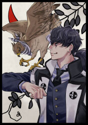 Rule 34 | 1boy, ace attorney, beak, bird, black border, black coat, black hair, black necktie, blue suit, border, brown feathers, buttons, coat, commentary request, feathered wings, feathers, formal, hawk, low ponytail, male focus, medium hair, necktie, nekowosuu, shirt, simon blackquill, simple background, smile, suit, taka (ace attorney), talons, wavy hair, white background, white shirt, wings