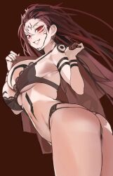 Rule 34 | 1girl, artist request, ass, black nails, body markings, breasts, cowboy shot, feet out of frame, female focus, genderswap, genderswap (mtf), jujutsu kaisen, large breasts, looking at viewer, red background, red eyes, ryoumen sukuna (jujutsu kaisen), simple background, smile, solo focus, standing, tagme, upper body
