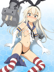 Rule 34 | 10s, 1girl, :3, anchor, bare shoulders, blonde hair, blue background, blush, boots, closed mouth, dress, elbow gloves, flat chest, gloves, gradient background, hair ribbon, highleg, highres, hiraizumi (mugenkidousha), honeycomb (pattern), honeycomb background, honeycomb pattern, kantai collection, long hair, microskirt, nipples, panties, personification, rensouhou-chan, ribbon, sailor dress, school uniform, serafuku, shimakaze (kancolle), skirt, skirt around one leg, striped clothes, striped thighhighs, thighhighs, torn clothes, turret, underwear, white background