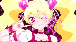 Rule 34 | 1girl, \m/, black background, blonde hair, blush, bow, choker, closed mouth, collarbone, cure peach, dot nose, earrings, fresh precure!, gradient background, hair ornament, head tilt, heart, heart earrings, heart hair ornament, jewelry, long hair, looking at viewer, magical girl, momozono love, namo (namo suuun), one-hour drawing challenge, one eye closed, pink background, pink bow, pink choker, pink eyes, pink wrist cuffs, portrait, precure, puffy sleeves, smile, solo, twintails, wrist cuffs
